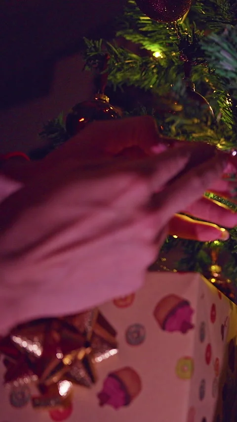 Vertical video. Hands Adjusting Christmas Tree Branches and Ornaments Above Wrap Stock Footage 338194620