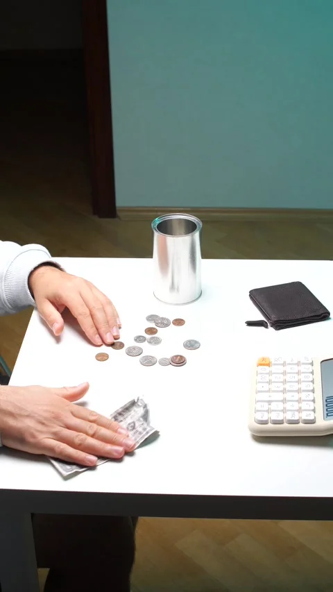 Vertical video hands counting coins and a crumpled dollar on a white table Stock Footage 346251610
