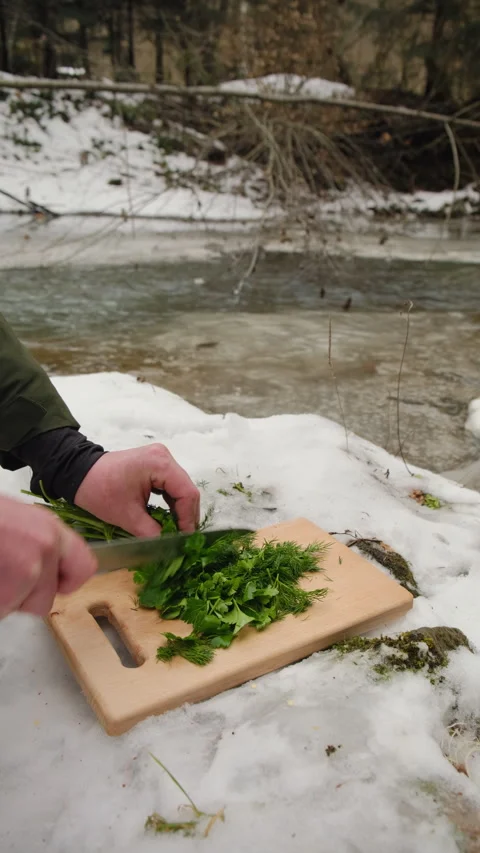 Vertical video of hands cutting green cilantro parsley on wooden desk near river Stock Footage 297961755