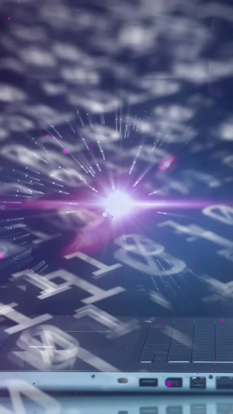 Vertical video: Hands entering left typing laptop keys sparking code forming Stock Footage 329128434