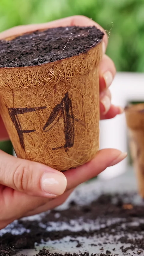 Vertical video. Hands Hold a Soil Filled Coconut Fiber Pot During Outdoor Planti Stock Footage 341960316