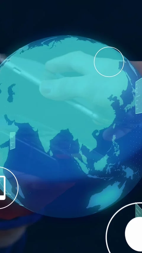 Vertical video: Hands hovering and rotating 3D globe, mobile showing comm icons Stock Footage 335264010