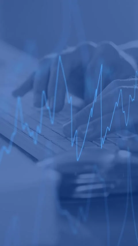 Vertical video: Hands hovering keys, typing, pausing at mouse blue graph moving Stock Footage 334530120