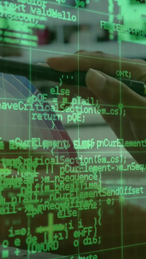 Vertical video: Hands hovering stylus tapping and dragging causing green code Stock Footage 332317534
