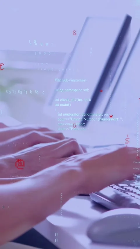 Vertical video: Hands landing on keys and typing, coding while code and red Stock Footage 334398003