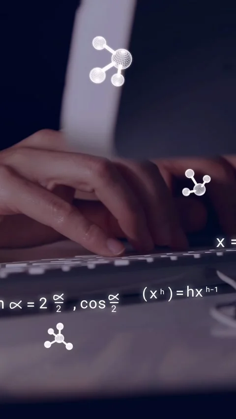Vertical video: Hands moving on keys and typing, with molecules and formulas Stock Footage 335264388