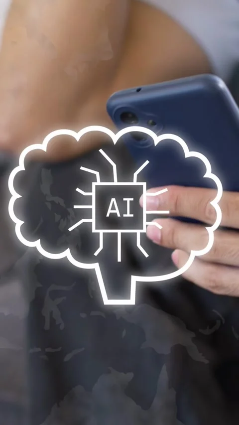 Vertical video: Hands on phone waving, testing AI tech brain graphic appearing Stock Footage 334792592