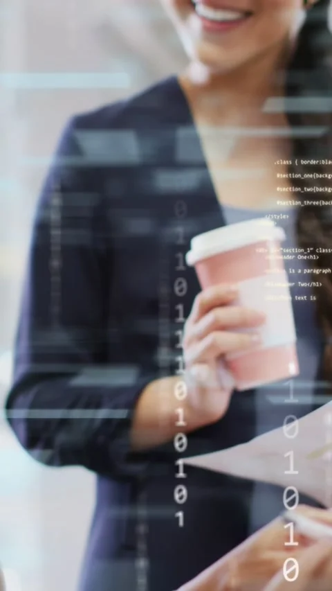Vertical video: Hands pointing sheet sparking tech overlay, camera rising, woman Stock Footage 333236388