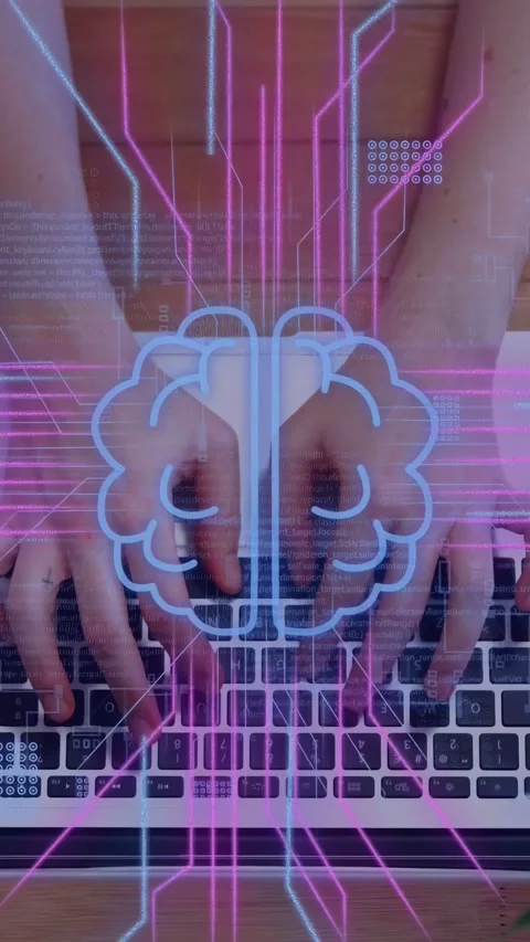 Vertical video: Hands pressing keys starting neon brain, circuits flowing around Stock Footage 334859673