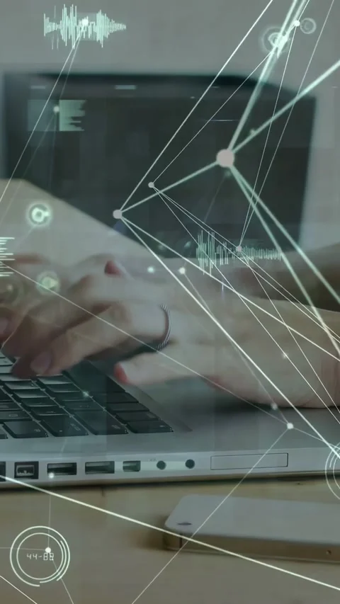 Vertical video: Hands resting then typing on laptop HUD mapping data over hands Stock Footage 331334270