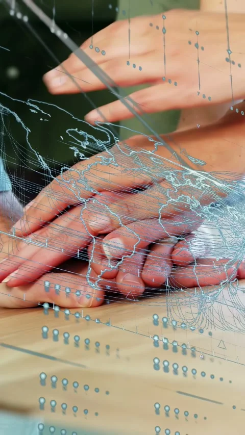 Vertical video: Hands stacking settling on wood table under blue overlay third Stock Footage 335678227