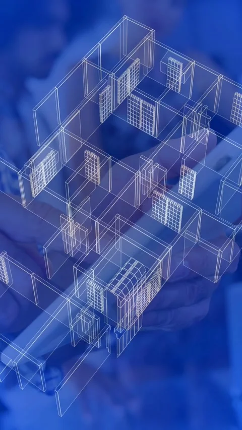 Vertical video: Hands tapping device, translucent wireframe rotating above hands Stock Footage 334859696