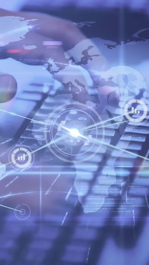 Vertical video: Hands tapping keys causing cart, spinning node linking users, 스톡 동영상 328686316