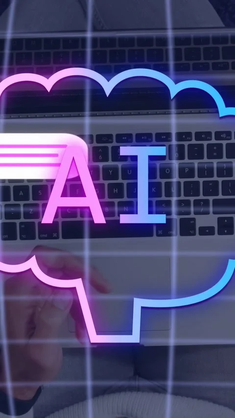Vertical video: Hands tapping phone, typing on laptop, activating AI cloud to Stock Footage 334792962
