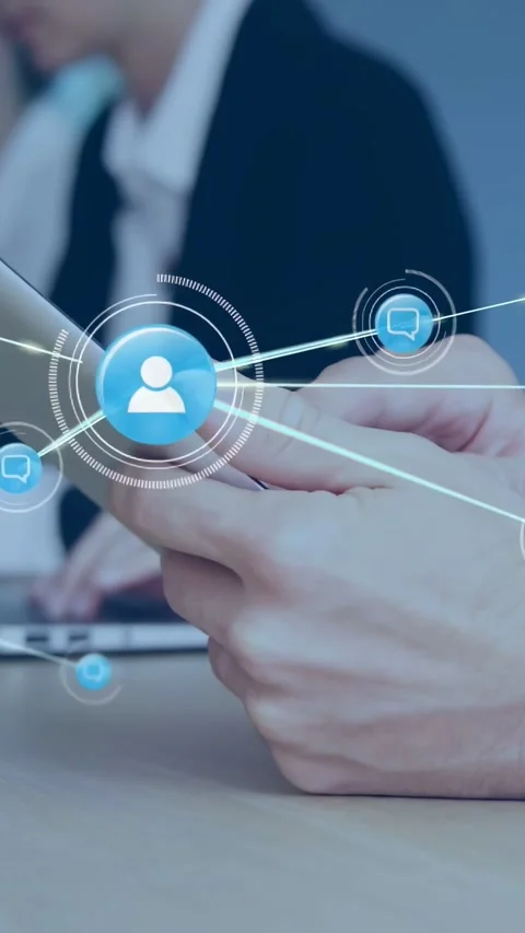 Vertical video: Hands tapping smartphone, animated user icons forming business Stock Footage 334396414