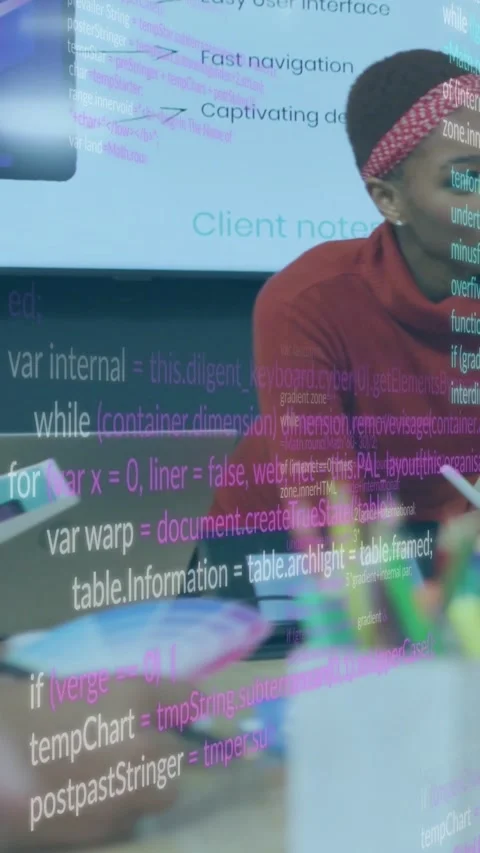 Vertical video: Hands tapping tablet, moving code overlay around woman leaning Stock Footage 329961927