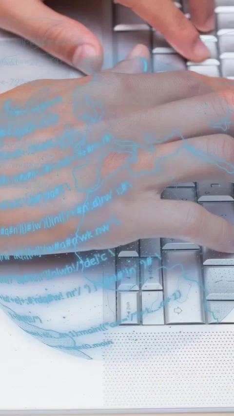 Vertical video: Hands typing as finger pressing key, shifting while blue code Stock Footage 329876188