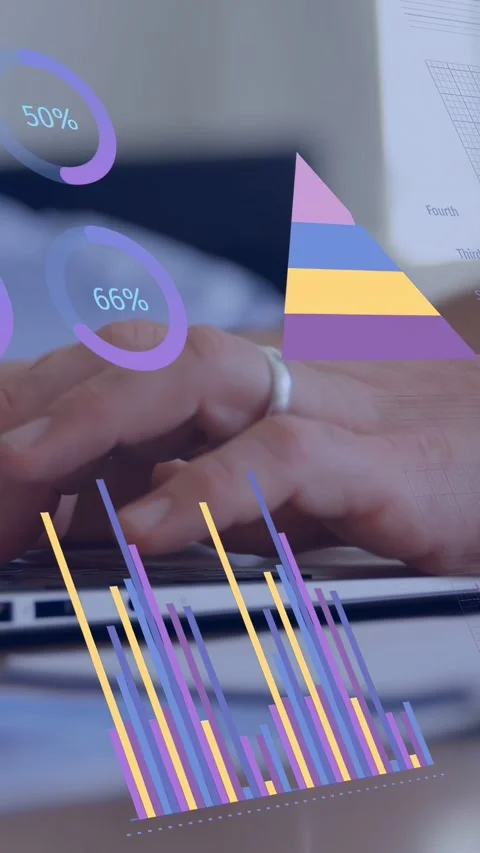 Vertical video: Hands typing on laptop, starting tech dashboard with percent Stock Footage 334705138