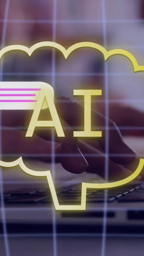 Vertical video: Hands typing on laptop causing AI cloud sliding UI and binary Stock Footage 334770702