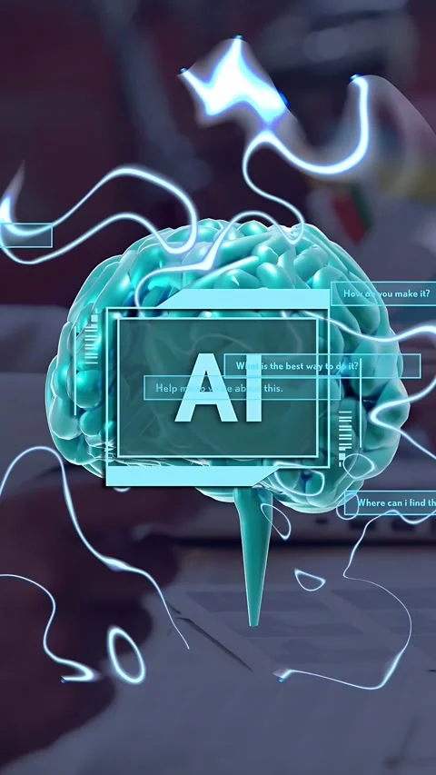 Vertical video: Hands typing on laptop, user activating teal AI brain, UI panels Stock Footage 334770811
