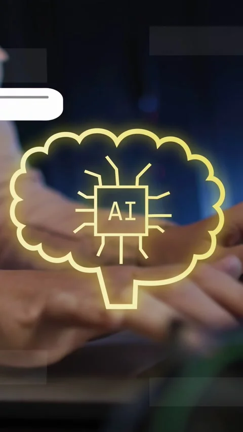Vertical video: Hands typing on laptop, outline drawing forming AI brain above Stock Footage 334770816