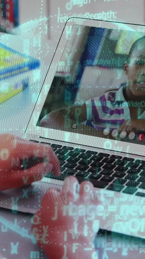 Vertical video: Hands typing as onscreen teen talking, driving globe and code Stock Footage 331738990