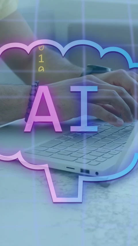 Vertical video: Hands typing starting AI cloud, binary digits and bubble Stock Footage 335355576
