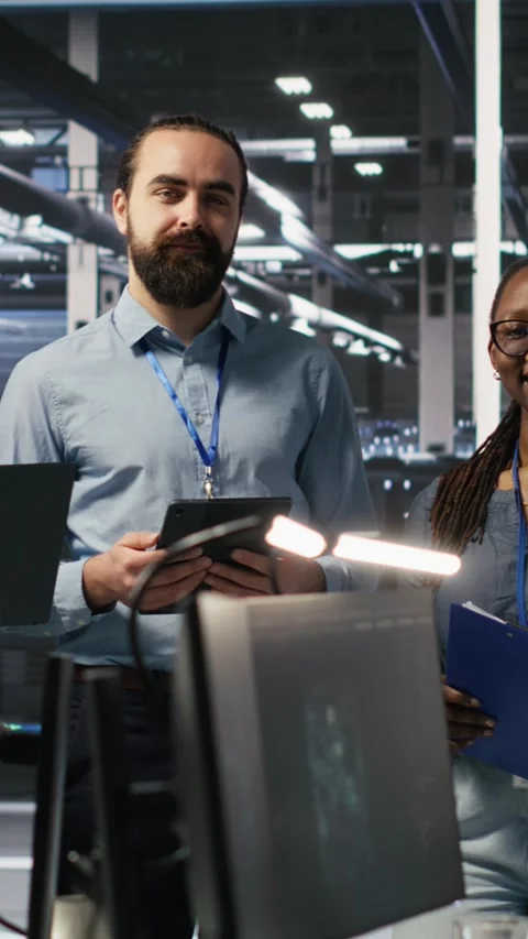 Vertical video Happy data center engineering team collaborate on neural network Stock Footage 309486063