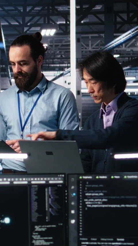 Vertical video Happy data center colleagues collaborating on software Stock Footage 313506542