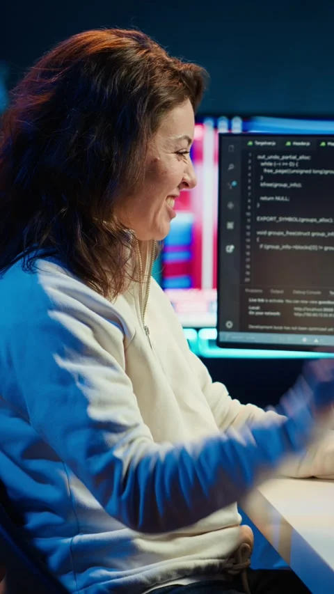 Vertical video Happy developer celebrating after managing to secure company Stock Footage 283506329