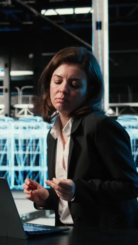 Vertical video Happy server hub engineer dancing in celebration after fixing Stockbeeldmateriaal 329317183