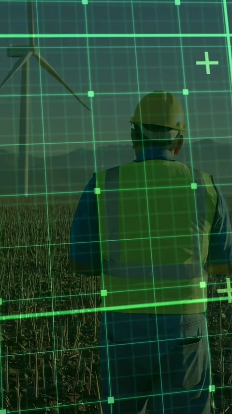 Vertical video: Hardhat tech walking to turbine, AR grid engaging on approach Stock Footage 333235922