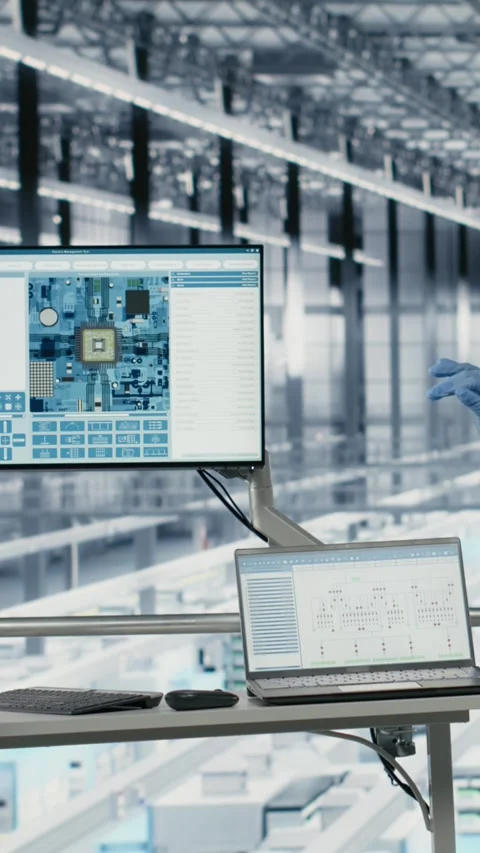 Vertical video Hardware designers in microchip smart factory use laptop to Stock Footage 333614025
