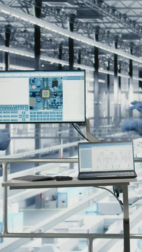 Vertical video Hardware designers in microchip smart factory use laptop to Stock Footage 333614306