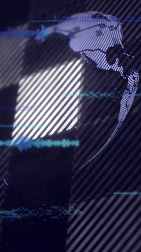 Vertical video: Hatched stripes sweeping revealing globe rotating, data nodes Stock Footage 332747834
