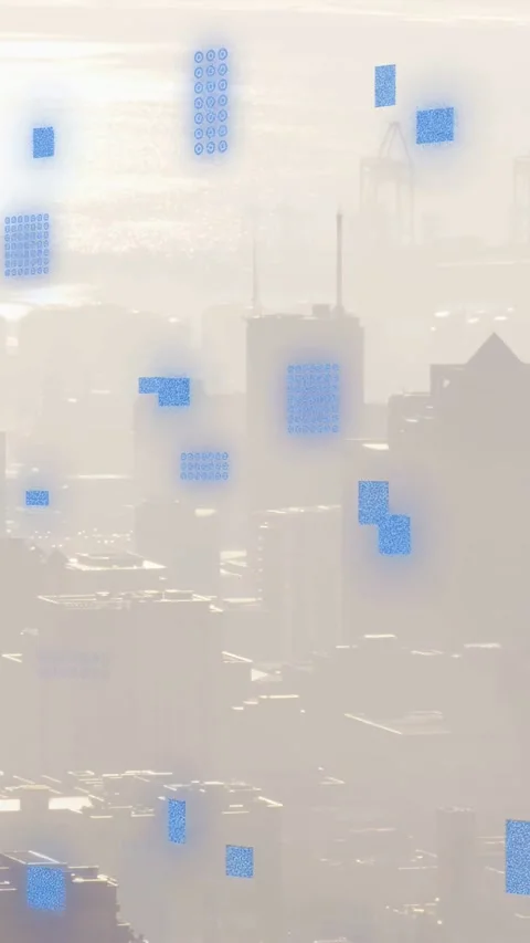 Vertical video: Hazy skyline showing blue circuit grids on play, pulsing, Stock Footage 333079766