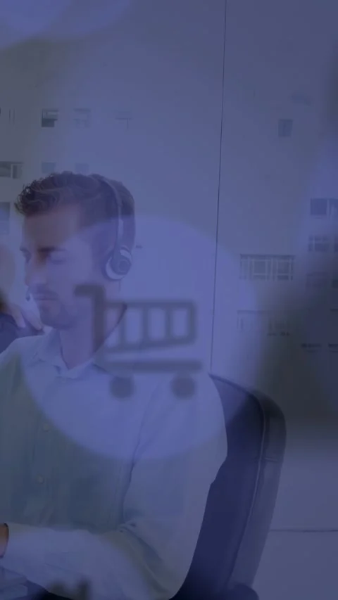 Vertical video: Headset agent glancing, speaking on overlay appearing, cart icon Stock Footage 333259676