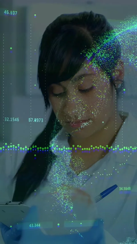 Vertical video: Health tech viewing sample as glove presenting vial, taking Stock Footage 334547400