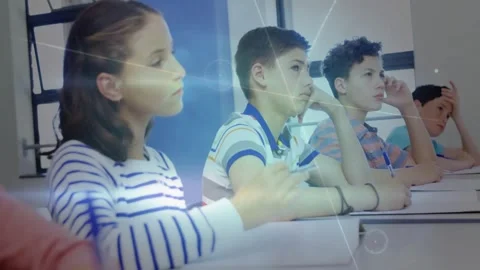 Vertical video: Hearing teacher, class in striped tops taking notes with pens, Stockbeeldmateriaal 331227291