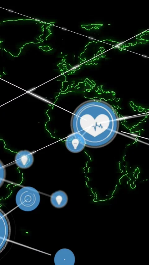 Vertical video: Heart node appearing, nodes spawning and linking across neon map Stock Footage 329216448