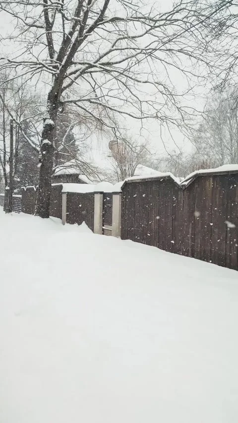 Vertical video of heavy snowfall in rural area: snow covered brown wooden fence Vídeo Stock 321191894