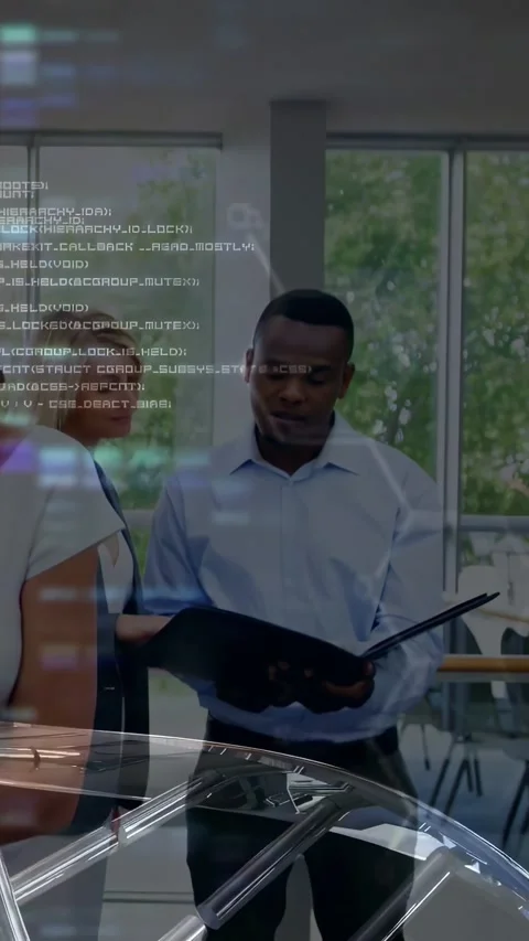 Vertical video: Helix and code overlaying office, man holding folder and team Stock Footage 331334226