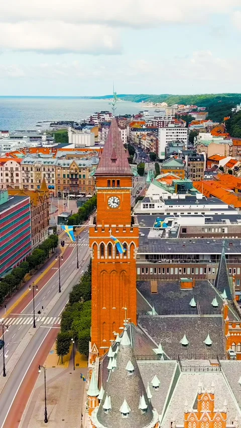 Vertical video. Helsingborg, Sweden. Helsingborg Town Hall. Summer day. Cloudy Stock Footage 296479654