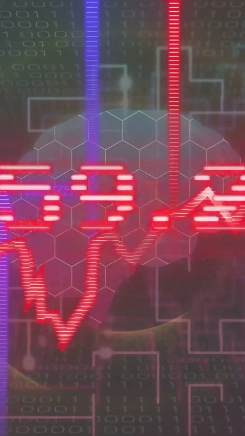 Vertical video: Hex brain icon reacting as red wave entering left marking peaks Stock Footage 334836753