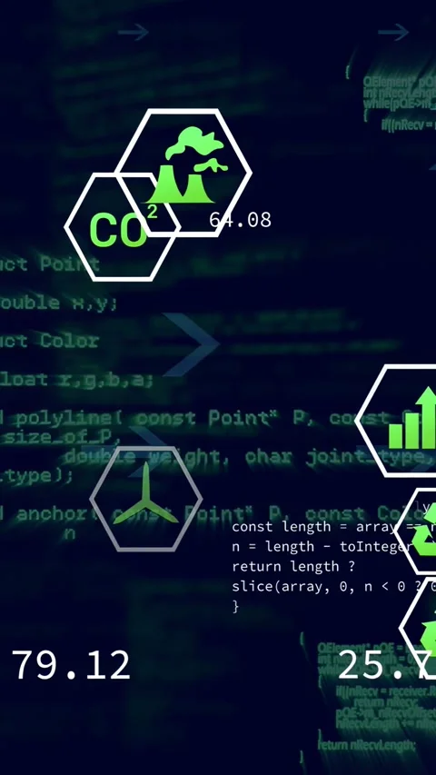 Vertical video: Hexagon badge cluster fading in and drifting over code, updating Stock Footage 332669523