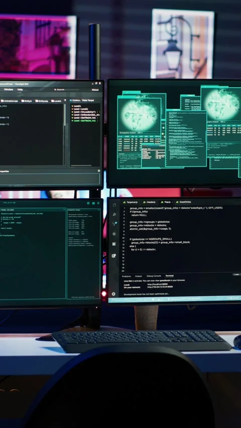 Vertical video High tech computer system running malicious code in empty Stock Footage 275622024
