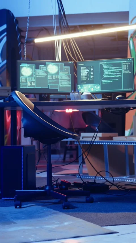 Vertical video High tech computer system running malicious code in empty Stock Footage 319517148