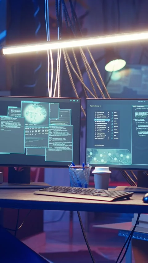Vertical video High tech computer system running malicious code in empty Stock Footage 319545733