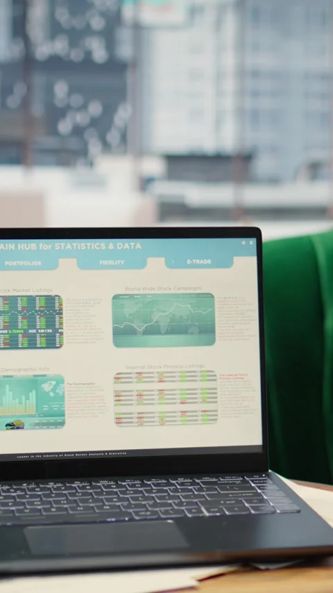 Vertical Video High tech device showcasing infographics and business data in Stock Footage 317416643