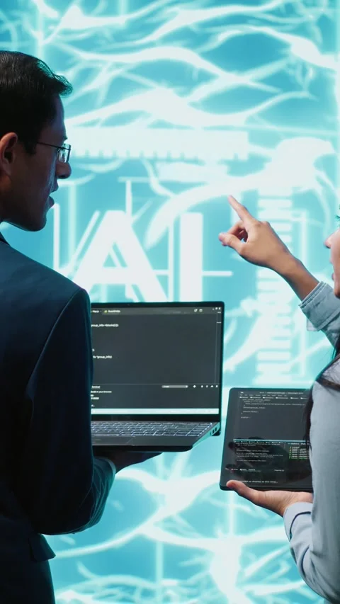 Vertical video High tech workspace colleagues using AI system, doing Stock Footage 278553740